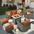 Ovios 7 Pieces Outdoor Furniture with 50 000 BTU Fire Pit Table All Weather Wicker Patio Conversation Set with Swivel Rocker