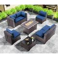 Gotland 8 Pieces Outdoor Patio Furniture Set with 43 Propane Fire Pit Table Outdoor Sectional Sofa Sets (Navy blue)