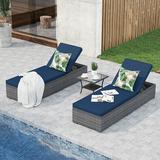 JOIVI Outdoor Chaise Lounge Chair 3 Piece Patio Reclining Sun Lounger with Coffee Table All Weather PE Rattan Adjustable Lounge Chair Patio Pool Lounge Chairs with Removable Cushion Navy Blue