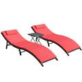 Devoko 3 Pieces Outdoor Lounge Chairs Patio PE Rattan Folding Chaise Lounge Sets with Side Table Red