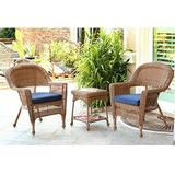 Jeco 3pc Wicker Chair and End Table Set with Blue Chair Cushion-Finish:Honey