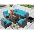 Gotland 8 Pieces Outdoor Patio Furniture with 43 Fire Pit Table Steel PE Rattan Sofa Set Blue