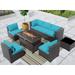 Gotland 8 Pieces Outdoor Patio Furniture with 43 Fire Pit Table Steel PE Rattan Sofa Set Blue