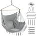 Hammock Chair Hanging Rope Swing - Max 250Lbs - 2 Cushions Included - Steel Spreader Bar with Anti-Slip Rings - for Any Indoor or Outdoor Spaces (Light Grey)