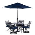 Hanover Montclair 5-Piece All-Weather Outdoor Patio Dining Set 4 Swivel Rocker Chairs with Comfortable Seat and Lumbar Cushions 40 Square Stamped Rectangle Table Umbrella and Base