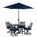 Hanover Montclair 5-Piece All-Weather Outdoor Patio Dining Set 4 Swivel Rocker Chairs with Comfortable Seat and Lumbar Cushions 40 Square Stamped Rectangle Table Umbrella and Base