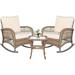 MEETWARM 3 Pieces Patio Wicker Rocking Chair Set Rattan Outdoor Rocker Chairs Set with Cushions and Glass-Top Coffee Table Conversation Bistro Set for Porch & Backyard - Beige