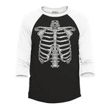 Shop4Ever Men s Skeleton Ribcage Easy Halloween Skull Costume Raglan Baseball Shirt Large Black/White