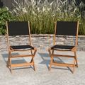 Merrick Lane Set of 2 Indoor/Outdoor Acacia Wood Folding Patio Bistro Chairs with Black Textilene Mesh Back and Seat Natural