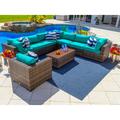 Sorrento 9-Piece Resin Wicker Outdoor Patio Furniture Sectional Sofa Set in Brown w/ Seven Sectional Seats Armchair and Coffee Table (Flat-Weave Brown Wicker Sunbrella Canvas Aruba)