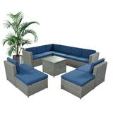 QueenDream 10 Piece Patio Furniture Conversation Rattan Wicker Outdoor Lawn Furniture Covers Set Couch with Storage Box Removable BlueGrey Cushions Seating Sets and Glass Table
