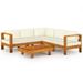Anself 6 Piece Patio Lounge Set with Cream White Cushions 4 Middle Sofas Corner Sofa and Coffee Table Conversation Set Acacia Wood Outdoor Sectional Set for Garden Balcony Yard Lawn Deck