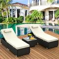 Set of 3 Rattan Chaise Lounge Chairs with Side Table Outdoor Reclining Chairs Set W/Adjustable Backrest and Removable Cushions Chaise Lounge Furniture Set for Poolside Beach Garden Patio B22