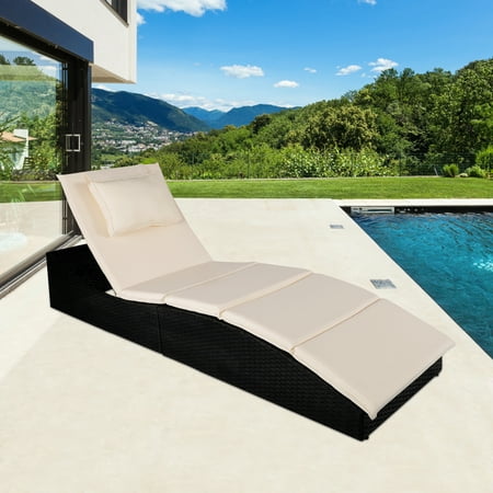 Chaise Lounge Chair Outdoor Folding Wicker Patio Chaise Lounger with Cushion All-Weather Adjustable Sun Chaise Lounge Furniture Reclining Backrest Chaise Lounge for Backyard Pool Porch Garden K372