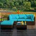 Gymax 5PCS Rattan Patio Conversation Set Outdoor Furniture Set w/ Ottoman Turquoise Cushion