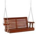 Outsunny Porch Swing with Chains and Cupholders 2 Person Wooden Patio Swing Chair 440 lbs. Weight Capacity for Garden Poolside Backyard Brown