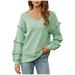 Women s Fashion Ruffle Tiered Long Sleeve Sweater Tops Casual Sexy V Neck Loose Plain Sweatshirt Blouses (Large Green)