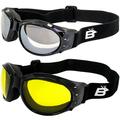 2 Pairs of Birdz Eyewear Padded Motorcycle Riding Goggles Black Frames with Clear Mirror & Yellow Lenses