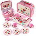 D-FantiX Kids Tea Set for Little Girls 15Pcs Pink Tin Tea Party Set for Toddlers Afternoon Tea Time Playset with Metal Teapots Tea Cups Play Dishes Princess Toys Gifts with Carry Case