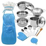 Cooking and Baking Set 18 PCS with Hat Apron Oven Mitt Pan Soup Pot Spoon Shovel Kitchen Utensils Role Playset Gift for Girls Boys (Blue)