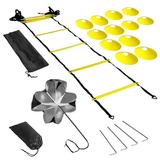 Dcenta Speed Training Kit Ladder Football Ladder with 12-Rung with 12 Cones and 4 Stakes Football Training Equipment Speed Training Kit for Football Basketball Baseball Hockey