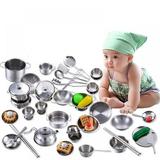 Cooking Utensils Set Stainless Steel Kitchen Toys Pretend Play Pots Pans Toy Cookware Kits for Kids Come Play Educational Toys for Toddlers