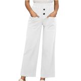 Mrat Women s Athletic Pants Full Length Pants Ladies Casual Slim Button High Elastic Waist Solid Color Cotton Linen Pants With Pocket Dress Pants For Women