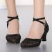 Mesh Rhinestone Sandals For Womens Latin Dance Shoes Heeled Ballroom Salsa Tango Party Sequin Dance Shoes PU Black sandals for Women