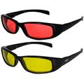 2 Pairs of MF Eyewear Bad Attitude Cool Wraparound Motorcycle Sunglasses Black Frames with Red & Yellow Lenses