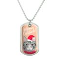 Meowy Merry Christmas Cat in Sweater and Hat Military Dog Tag Pendant Necklace with Chain