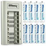 Ultimaxx 8 Bay AA & AAA Battery Charger with One 4 Pack of AA Batteries & One 4 Pack of AAA Batteries