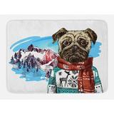 Pug Bath Mat Sketch Style Dog with Winter Clothes Scarf Sweater Mountains Background Open Sky Image Non-Slip Plush Mat Bathroom Kitchen Laundry Room Decor 29.5 X 17.5 Inches Ruby Blue Ambesonne