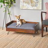 GDF Studio Cheval Mid Century Modern Acacia Wood Pet Bed with Cushion Dark Oak and Dark Gray