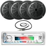 Pyle PLMRB39W Single DIN AM/FM Radio USB/AUX Bluetooth Marine Stereo White Receiver with 2 Pairs of 5.25 100 Watts 2-Way Full Range Black Waterproof Marine Stereo Speakers Wired Antenna