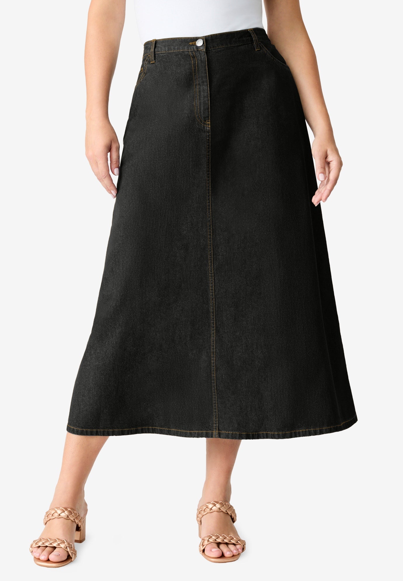 Plus Size Women's Plus Size Easy-Wear A-Line Skirt by Roaman's in Black Denim (Size 42 W)