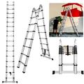 EN131 Telescopic Ladder 5M(2.5M+2.5M) A-Type Extension Ladder with Stabilizer Bar, Multi Purpose Extendable Loft Ladder Folding Ladder, 16 Adjustable Steps with Locking Button, Max Load 150kg