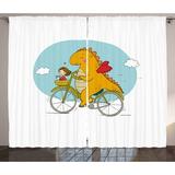 Dinosaur Bicycle Curtains 2 Panels Set Happy Friendly Dragon Traveler with a Girl and a Cat Nursery Cartoon Print Window Drapes for Living Room Bedroom 108 W X 96 L Multicolor by Ambesonne
