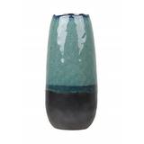 Urban Trends Collection 11449 Ceramic Tall Round Vase with Irregular Mouth & Faded Blue Rim Top & Black Banded Bottom Gloss Aquamarine - Large
