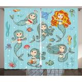 Kids Curtains 2 Panels Set Cute Collection of Mermaids with Different Types of Sea Creatures Marine Decor Print Living Room Bedroom Decor Teal Orange by Ambesonne