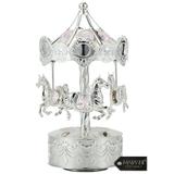 Matashi Silver Plated Music Box with Crystal Studded Silver Carousel with Horses Figurine