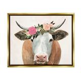 Stupell Industries Springtime Flower Crown Farm Cow with Horns Metallic Gold Framed Floating Canvas Wall Art 16x20 by Victoria Borges