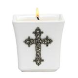 MONDIAL CANDLES: BIANCA Collection - Ceramic Square Container Candle with ANTIQUE SILVER Floral Cross Ornament