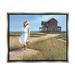 Stupell Industries Woman Standing Windswept Breeze Distant Beach House Painting Luster Gray Floating Framed Canvas Print Wall Art Design by Tom Mielko