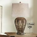 Possini Euro Design Modern Table Lamp with USB and AC Power Outlet Workstation Charging Base 28 Tall Bronze Fabric Drum Shade Living Room