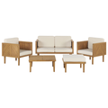 Lounge Set Hellbraun Akazienholz 5-teilig für 4 Personen mit Auflagen Beige Stoff Couchtisch Fußhocker 2er Sofa 2 Sessel Outdoor Garten