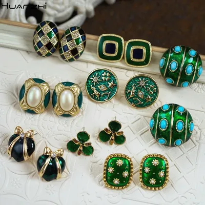 HUANZBottles-Boucles d'oreilles en émail vert vintage pour femmes bijoux en émail perle baroque