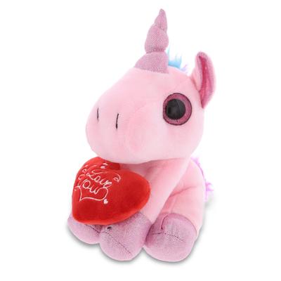 DolliBu I LOVE YOU Plush Sparkling Big Eye Pink Unicorn Animal with Heart - 7 Inches