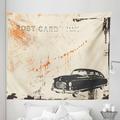 Vintage Tapestry Art with Classic Old Fashioned Car on the Street Vintage Postcard Style Design Fabric Wall Hanging Decor for Bedroom Living Room Dorm 5 Sizes Beige Black by Ambesonne