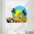 Retro Tapestry Vintage Car in Magic City Miami with Exotic Coconut Trees Sunny Day Beach Fabric Wall Hanging Decor for Bedroom Living Room Dorm 5 Sizes Yellow Blue Orange by Ambesonne