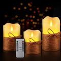 Happyline Flameless Candles LED Battery Operated Ivory Pillar Candles Real Wax Flickering Moving Wick Electric Candle Sets with Hemp Rope Remote and Cycling 24 Hours Timer 4 5 6 Pack of 3